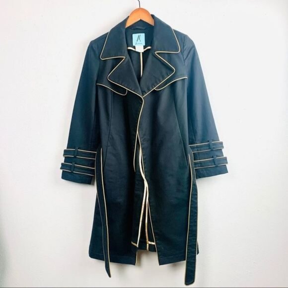 Marciano Luxury Gold Piped Black Trench Dress Coat - Picture 2 of 15